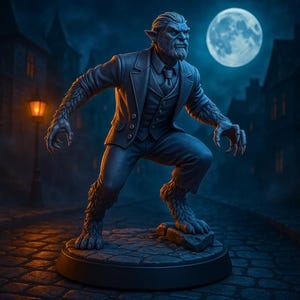 Op de afbeelding: Gedetailleerd beeldje van een weerwolf in een donker pak, in een dreigende houding. De figuur heeft een grijze baard, puntige oren en klauwen aan handen en voeten. De achtergrond toont een volle maan en een geplaveide straat.