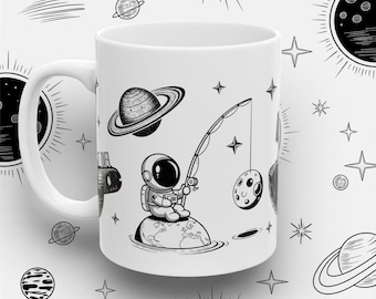 Astronaut Fishing Moon mug | Space Illustration Ceramic Mug
