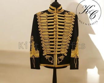 Handgemachte Schwarze Wollische Husaren Jacke: Gold Bestickte Militär Tunika