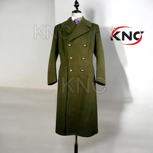 Military Green Wool Overcoat: Vintage Style Field Trench Coat