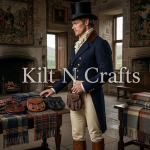 May include: A man in a navy blue tailcoat and top hat stands near a table displaying leather sporrans and plaid scarves. The image includes the text "Kilt N Crafts". The room has a fireplace and tapestries.