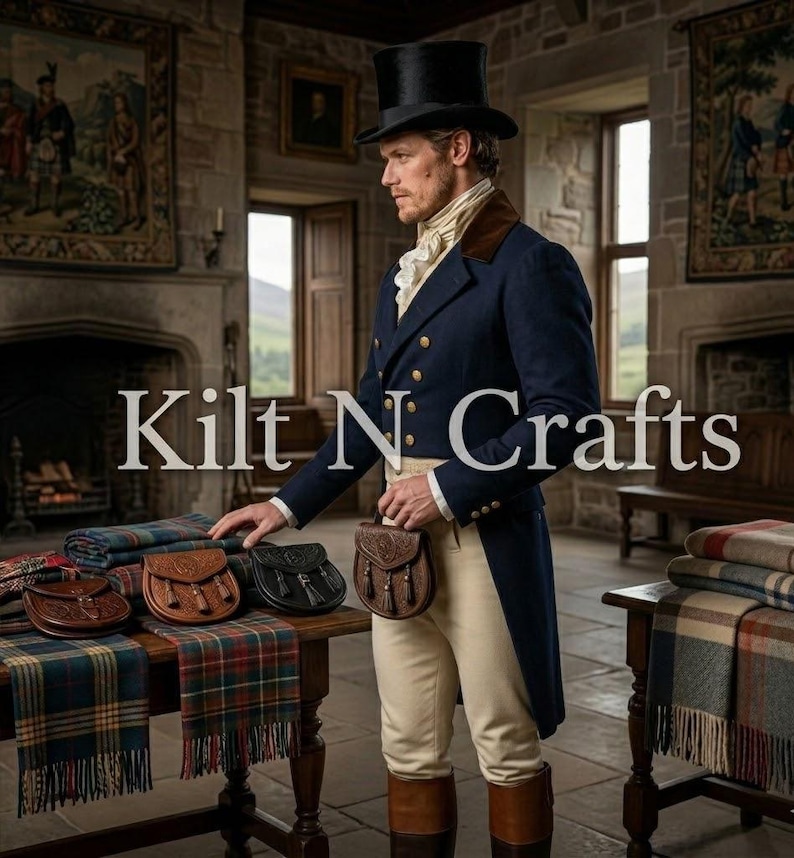 May include: A man in a navy blue tailcoat and top hat stands near a table displaying leather sporrans and plaid scarves. The image includes the text "Kilt N Crafts". The room has a fireplace and tapestries.