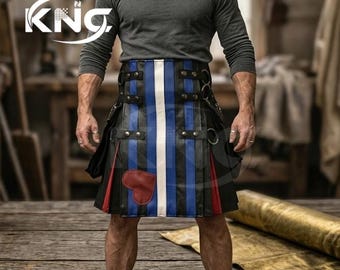 Handmade Leather Pride Flag Kilt, LGBTQ Utility Kilt, Rainbow Hybrid Fashion