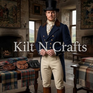 May include: A man in a navy blue double-breasted coat with gold buttons, cream-colored pants, and brown boots. He wears a black top hat and stands in a room with a fireplace and tapestries. The text "Kilt N Crafts" is visible.