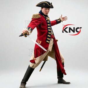 May include: A red military-style coat with gold epaulets, blue and gold trim, and a matching tricorn hat. The costume includes a white shirt, tan pants, black boots, and a sword. The costume is reminiscent of the American Revolutionary War.
