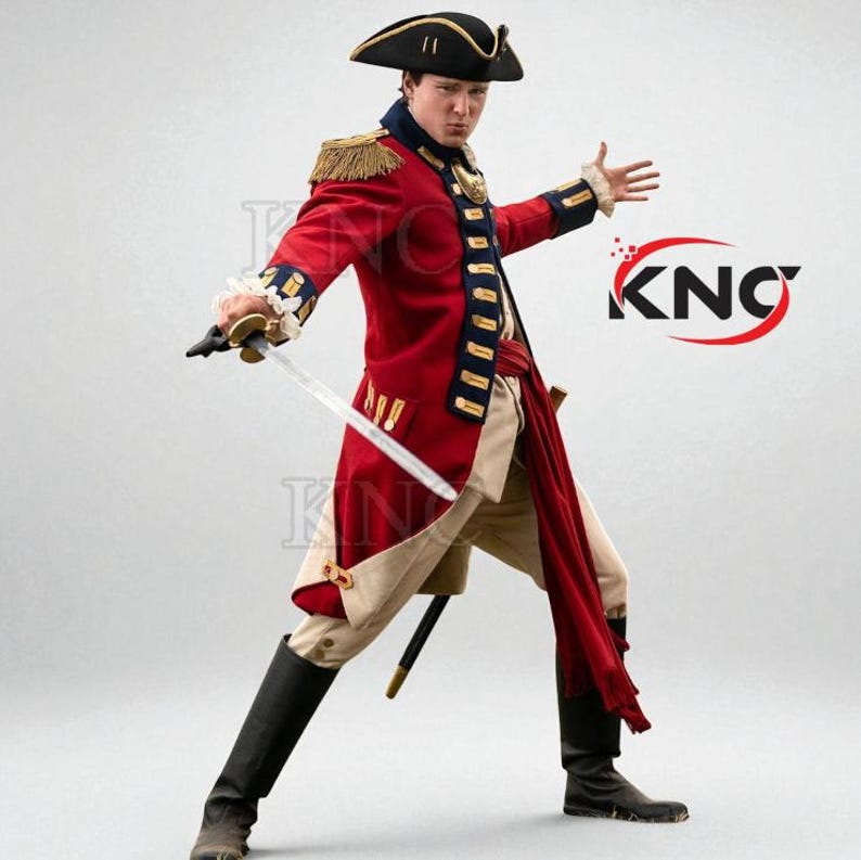 May include: A red military-style coat with gold epaulets, blue and gold trim, and a matching tricorn hat. The costume includes a white shirt, tan pants, black boots, and a sword. The costume is reminiscent of the American Revolutionary War.