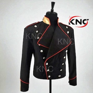 Michael Jackson Military Jacket | Black Wool Men’s Costume Coat with Red Trim | MJ Inspired Parade Uniform | Cosplay Jacket