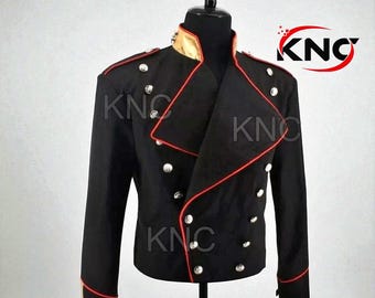 Michael Jackson Military Jacket: Black Wool Costume Coat with Red Trim