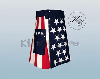 Men's USA Flag Utility Kilt: Patriotic Scottish Style with Cargo Pockets