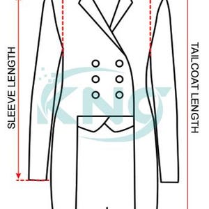 May include: Line drawing of a formal tailcoat with measurement labels for chest width, sleeve length, and tailcoat length. The coat features a double-breasted front with six buttons and a notched lapel.