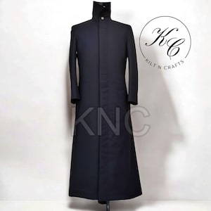 Matrix Style Long Black Trench Coat | Full Black Gothic Cyberpunk Coat | Men&#39;s Steampunk Winter Overcoat | Neo Inspired Jacket