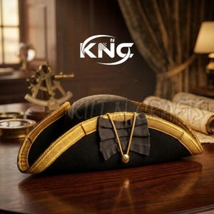 Puede incluir: Un sombrero bicornio negro con ribetes dorados y un lazo decorativo. El sombrero está sobre una mesa de madera, con instrumentos náuticos al fondo. El logotipo "KNG" es visible.