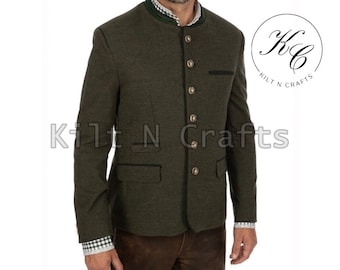 May include: A dark green blazer with a black trim and a high collar. The blazer has a button-up front and six buttons. The collar is lined with a green and white patterned fabric.