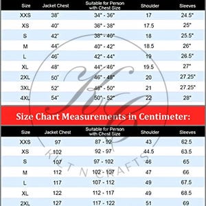 May include: A size chart for jackets, displaying measurements in inches and centimeters. The chart includes sizes from XXS to 4XL, with corresponding jacket chest, shoulder, and sleeve measurements. It also indicates the suitable chest size for each jacket size.