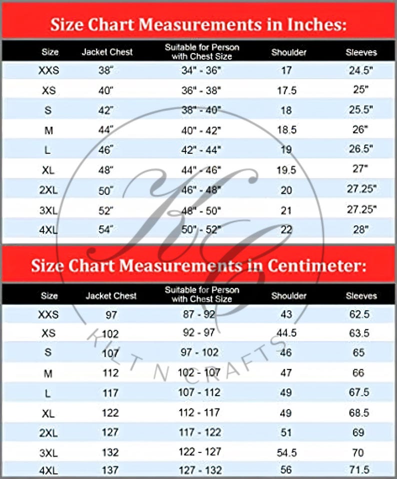 May include: A size chart for jackets, displaying measurements in inches and centimeters. The chart includes sizes from XXS to 4XL, with corresponding jacket chest, shoulder, and sleeve measurements. It also indicates the suitable chest size for each jacket size.