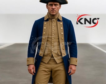 May include: A historical costume featuring a navy blue coat with gold buttons and tan accents, a matching vest, and tan pants. The outfit is completed with a black tricorn hat.
