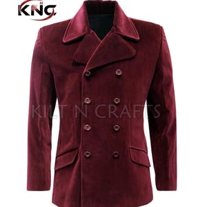 Men’s Burgundy Velvet Peacoat – Double Breasted Velvet Blazer Jacket, Vintage Formal Winter Coat, Wedding Party Evening Wear