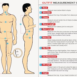 May include: An outfit measurement guide with illustrations of a person in front and side views. The guide includes instructions for measuring neck, shoulder, chest, sleeve length, back length, waist size, hip size, fell measurement, kilt length, and height.