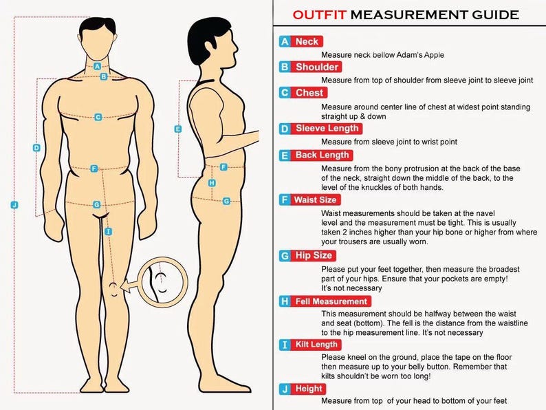 May include: An outfit measurement guide with illustrations of a person in front and side views. The guide includes instructions for measuring neck, shoulder, chest, sleeve length, back length, waist size, hip size, fell measurement, kilt length, and height.