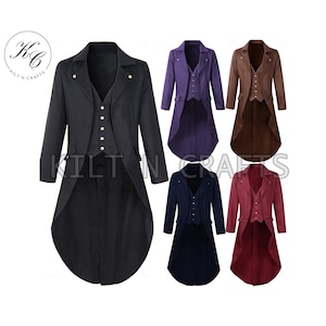 May include: Five tailcoats in different colors: black, purple, brown, navy blue, and burgundy. Each tailcoat has a matching vest and features a gold button closure.