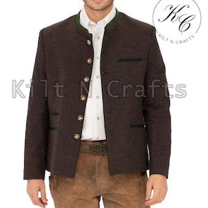 Men&#39;s Tyrol Loden Brown Bavarian Jacket – Traditional Wool Trachten Blazer – German Oktoberfest Outerwear