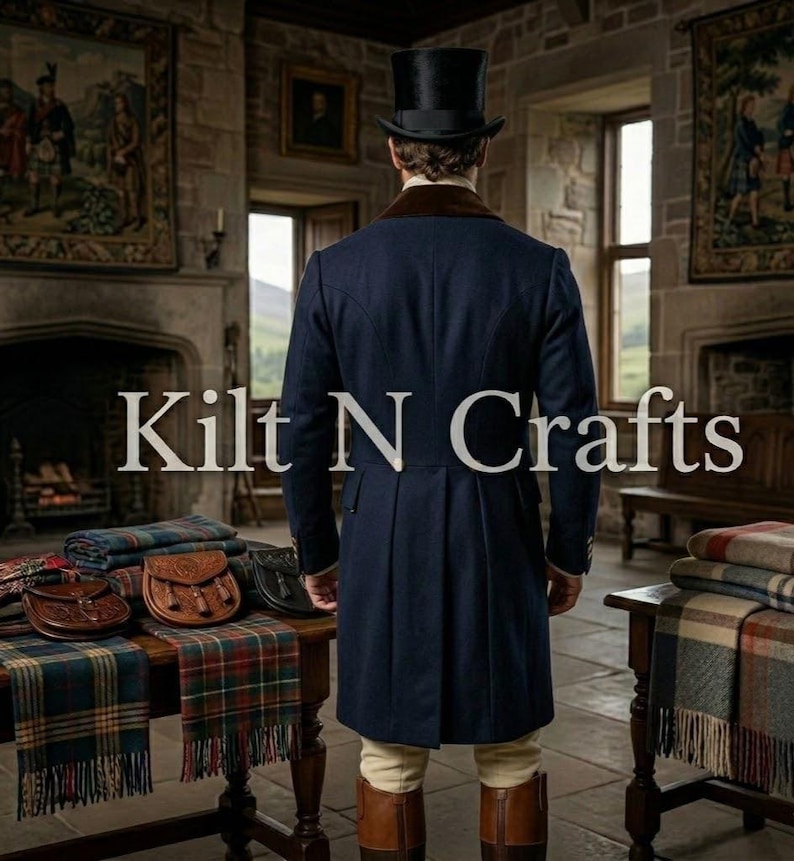 May include: A person wearing a navy blue coat with a black top hat, brown boots, and cream-colored pants. The text "Kilt N Crafts" is displayed in white. A table displays kilts, leather bags, and plaid scarves.