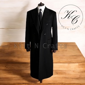 Men’s Black Wool Blend Double-Breasted Long Overcoat | Winter Business Coat | Stylish Warm Outerwear for Formal & Casual Wear
