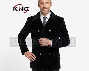 Men's Black Velvet Peacoat, Double Breasted Military Style Winter Overcoat