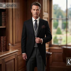 Op de afbeelding: Een zwarte jacquet met een wit overhemd met kraag, een donkere das met patroon, een grijs vest en een donkergrijze broek met krijtstrepen. Het ensemble bevat een pochet en de tekst kilt n crafts is zichtbaar in de linkerbovenhoek.