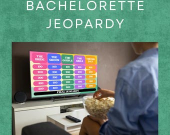 May include: A television screen displaying a bachelorette party themed Jeopardy game board. The board has categories for "The Bride", "The Groom", "The Couple", "The Girls", and "The Big Day". Each category has five point values: 100, 200, 300, 400, and 500. The final Jeopardy category is labeled "Final Jeopardy".