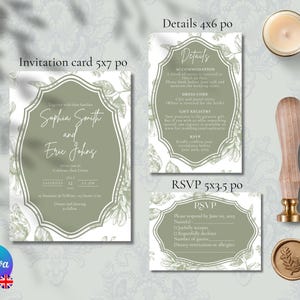 May include: A set of wedding invitation cards with a green and white floral design. The invitation card reads "Sophia Smith and Eric Johns". The details card includes information about the wedding, including accommodation, dress code, and gift registry. The RSVP card includes a section for guests to respond by June 10, 2005.