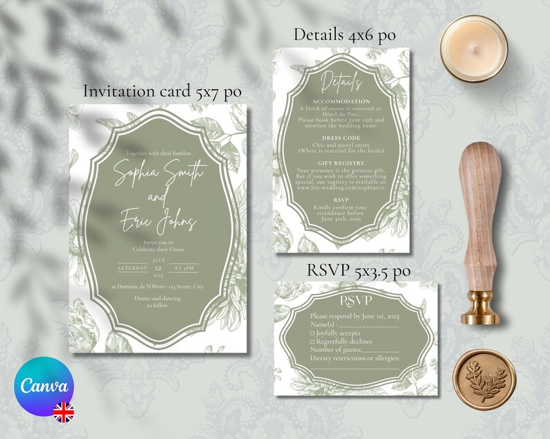 May include: A set of wedding invitation cards with a green and white floral design. The invitation card reads "Sophia Smith and Eric Johns". The details card includes information about the wedding, including accommodation, dress code, and gift registry. The RSVP card includes a section for guests to respond by June 10, 2005.