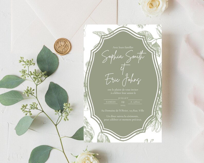 May include: A green and white wedding invitation with a floral design. The invitation reads "Avec leurs Familles Sophia Smith & Eric Johns ont le plaisir de vous inviter &agrave; c&eacute;l&eacute;brer leur union le Samedi Juillet 12 2023 &agrave; 4:00pm An Domaine de l'Olivier, 123 Rue, Ville Un d&icirc;ner suivra la c&eacute;r&eacute;monie, pour c&eacute;l&eacute;brer ce moment pr&eacute;cieux."