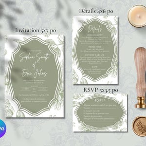 May include: A set of three wedding invitation cards with a floral design. The cards are printed on white paper with green floral illustrations and text. The invitation card is 5x7 inches, the details card is 4x6 inches, and the RSVP card is 5x3.5 inches. The text on the invitation card reads "Sophia Smith and Eric Johns".