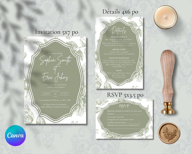 May include: A set of three wedding invitation cards with a floral design. The cards are printed on white paper with green floral illustrations and text. The invitation card is 5x7 inches, the details card is 4x6 inches, and the RSVP card is 5x3.5 inches. The text on the invitation card reads "Sophia Smith and Eric Johns".