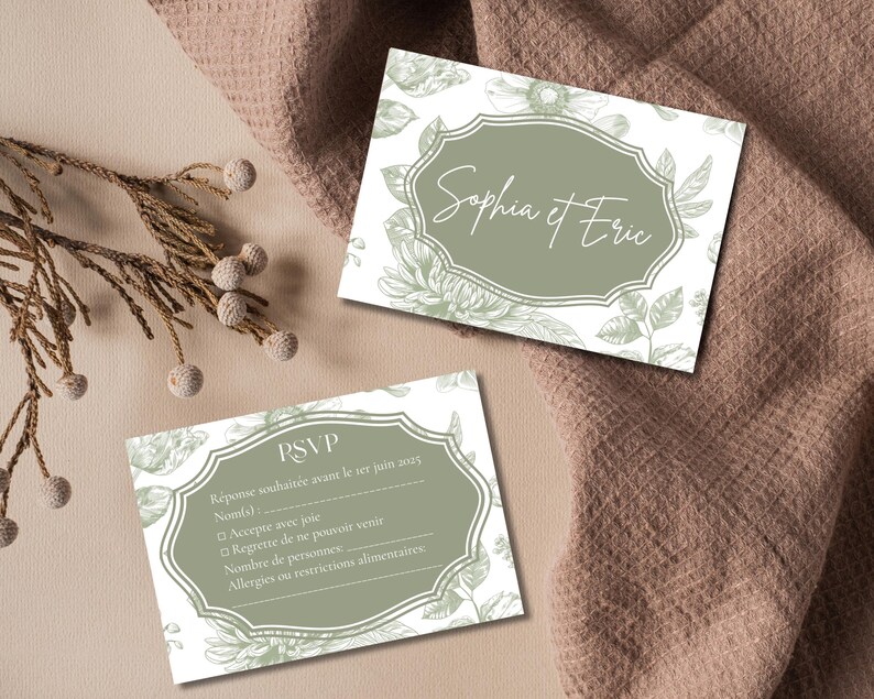 May include: A white RSVP card with a green floral border and the text "RSVP" in a green box. The text "R&eacute;ponse souhait&eacute;e avant le 1er juin 2025" is in French. The card also includes a list of options for guests to choose from, including "Accepte avec joie", "Regrette de ne pouvoir venir", "Nombre de personnes", and "Allergies ou restrictions alimentaires".