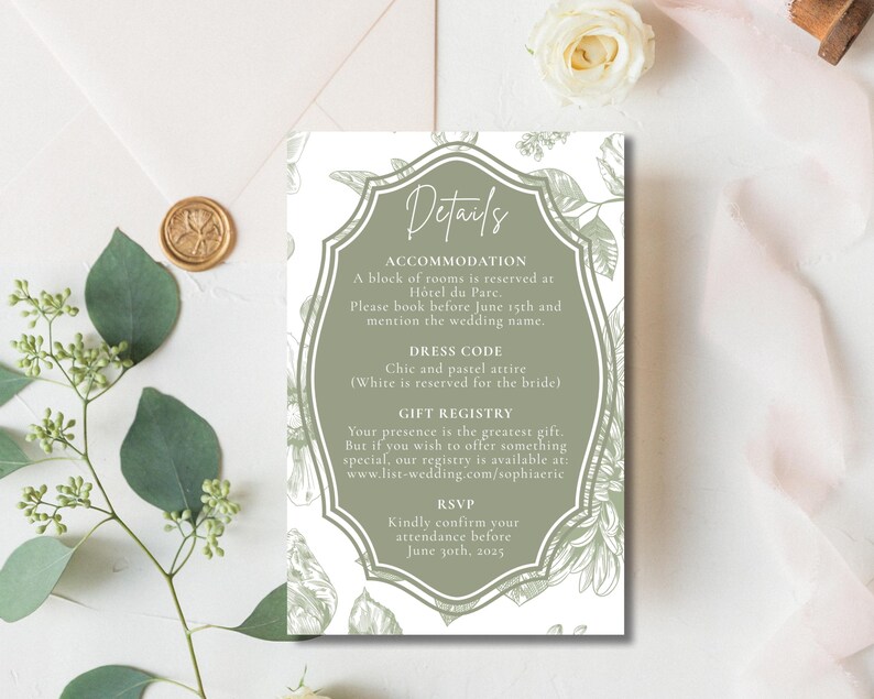 May include: A green and white wedding details card with floral illustrations. The card includes information about accommodation, dress code, gift registry, and RSVP details. The text reads: Details, Accommodation, Dress Code, Gift Registry, RSVP.  Kindly confirm your attendance before June 30th, 2025.