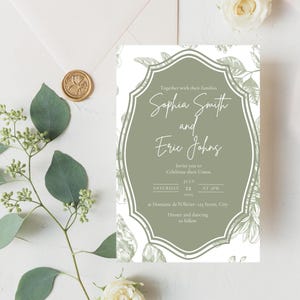 May include: A green and white wedding invitation with a floral design. The invitation reads "Together with their families, Sophia Smith and Eric Johns, Invite you to celebrate their union, Saturday, July 12, at PM, at Domaine de Oliviers, 123 Street, City, Dinner and dancing to follow."