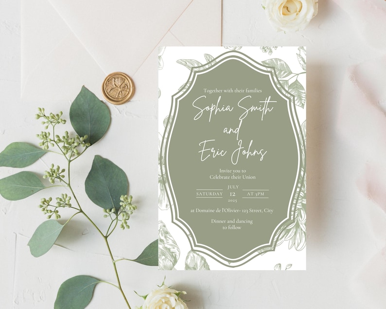 May include: A green and white wedding invitation with a floral design. The invitation reads "Together with their families, Sophia Smith and Eric Johns, Invite you to celebrate their union, Saturday, July 12, at PM, at Domaine de Oliviers, 123 Street, City, Dinner and dancing to follow."
