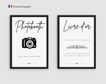 May include: Two framed prints with black frames. One says "Photobooth" with a camera graphic and text below. The other says "Livre d'or" with a book graphic and text below. Both are in French.