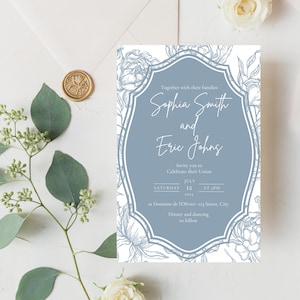 Modèle faire-part mariage HERBARIUM – Invitation Botanique à Personnaliser Canva – Fichier Téléchargeable – Design Élégant Floral Bleu-Gris