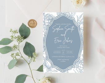 HERBARIUM Wedding Invitation Template – Customizable Botanical Invitation Canva – Downloadable File – Elegant Blue-Grey Floral Design