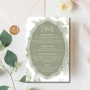 May include: A green and white wedding invitation with floral details. The invitation includes information about the wedding, including the date, time, and location. It also includes details about the dress code and accommodation.