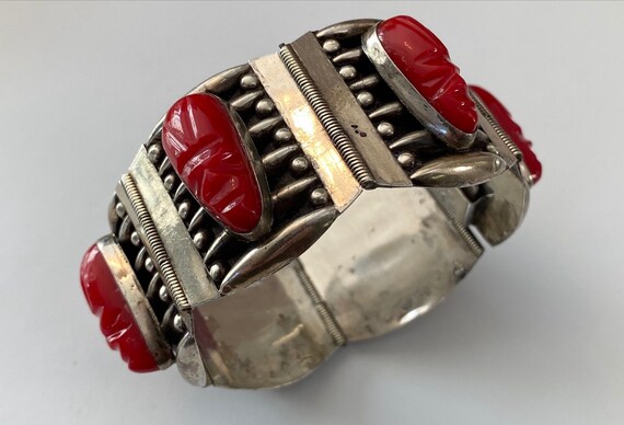 Vintage Mexican Sterling Bracelet Rare Red Carved