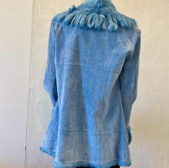 Pristine Ruby Chō Rabbit Fur Trim Suede Blue Jack… - image 5
