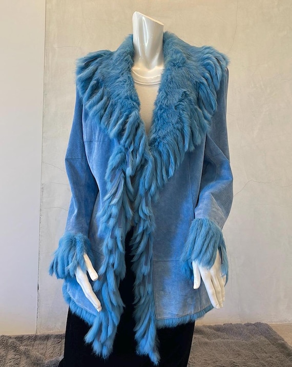 Pristine Ruby Chō Rabbit Fur Trim Suede Blue Jack… - image 1