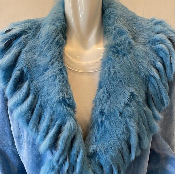 Pristine Ruby Chō Rabbit Fur Trim Suede Blue Jack… - image 2