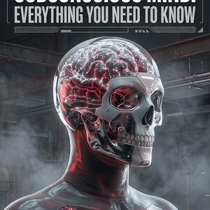 May include: A futuristic illustration of a human-like figure with a metallic skull and a glowing brain. The text "THE CONSCIOUS AND SUBCONSCIOUS MIND: EVERYTHING YOU NEED TO KNOW" is displayed at the top. The figure's body has red circuit-like patterns.