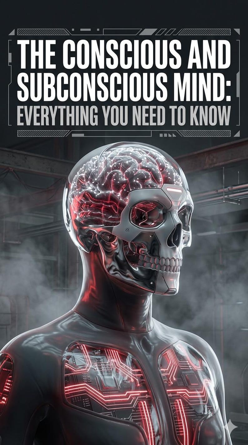 May include: A futuristic illustration of a human-like figure with a metallic skull and a glowing brain. The text "THE CONSCIOUS AND SUBCONSCIOUS MIND: EVERYTHING YOU NEED TO KNOW" is displayed at the top. The figure's body has red circuit-like patterns.