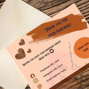 Zakelijk bedankt voor je aankoop Kaartsjabloon 5,5 x 4,25 in kleurrijke bruine harten logo digitale pdf met gratis linkbewerking in Canva lage prijs